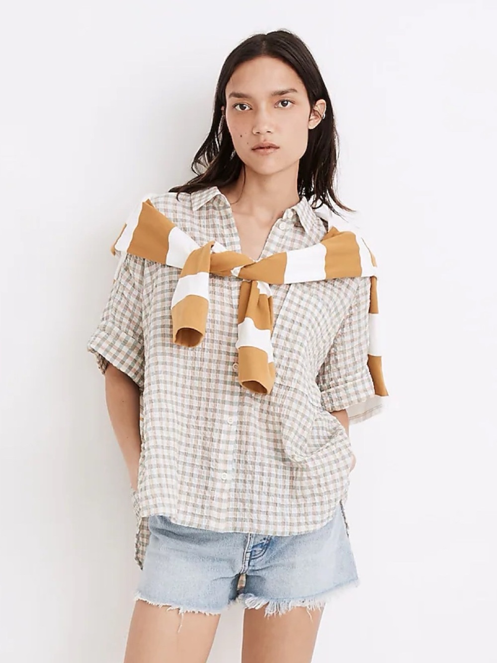 Madewell Gingham Seersucker Daily Shirt Ivory Green Size Medium